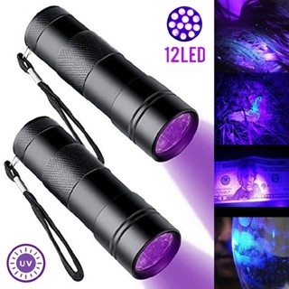 ไฟฉาย UV Ultra Violet 12 LED อลูมิเนียม ขนาดเล็ก 395nM สีดํา 2 ชิ้น