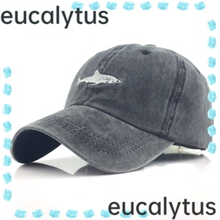 Eucalytus1 หมวกเบสบอล ผ้าฝ้าย ปักลายฉลาม ปรับได้ สไตล์วินเทจ