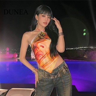 Dunea เสื้อกล้าม สายคล้องคอ พิมพ์ลาย สไตล์สลิมฟิต สําหรับผู้หญิง