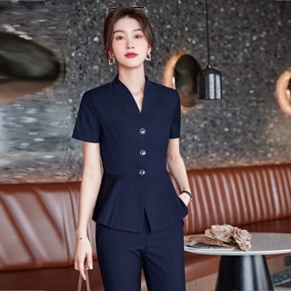 ชุดสูทแขนสั้น สีฟ้า แบบเป็นทางการ แฟชั่นฤดูร้อน สําหรับผู้หญิง 2023