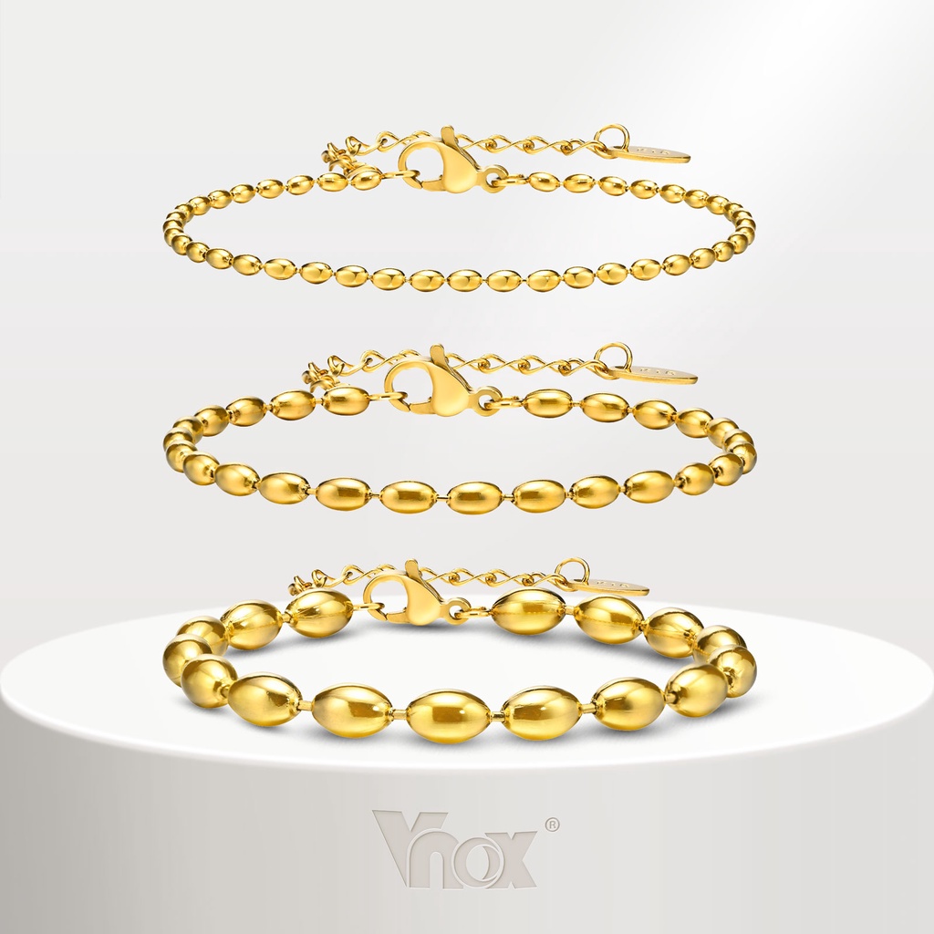 Vnox สร้อยข้อมือโซ่ลูกปัดรักบี้ ทอง 18K สเตนเลส 2 มม. 3 มม. 5 มม. สําหรับผู้หญิง