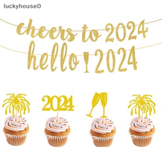 Luckyhouse0^^ ใหม่ ท็อปเปอร์ไม้จิ้มฟัน ลาย Happy new Year 2024 สําหรับตกแต่งเค้กคริสต์มาส 2024