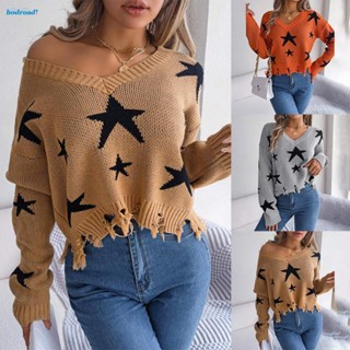 【HODRD】Womens Knitted Jumper Sweater V Neck Star Baggy Winter Long Sleeve Pullover Tops【Fashion】