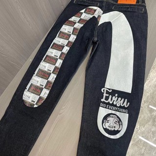 Evisu กางเกงยีนขายาวลําลอง ทรงตรง ขนาดใหญ่ พิมพ์ลาย สําหรับผู้ชาย และผู้หญิง