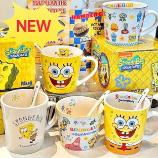 Graby2023 แก้วกาแฟเซรามิค ลายการ์ตูน SpongeBob SquarePants พร้อมช้อน ของขวัญ สําหรับนักเรียน [สุดคุ้ม CP]