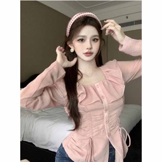 เสื้อเชิ้ต คอสี่เหลี่ยม เอวแคบ แบบผูกเชือก แฟชั่นฤดูร้อน สีชมพู