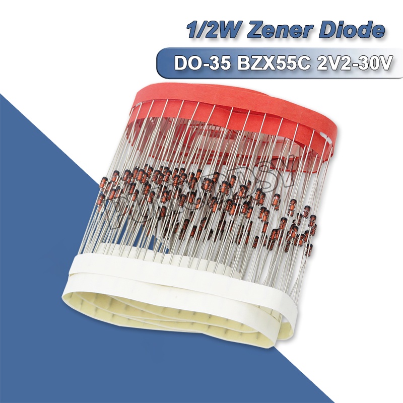 ซีเนอร์ไดโอดควบคุมแรงดันไฟฟ้า 1/2W DO-35 BZX55C3V3 4V7 5V1 6V2 6V8 7V5 8V2 9V1 10V 11V 12V 13V 15V 18V 24V 30V 3.3 4.7 5.1 6.8 7.5 8.2 9.1 100 ชิ้น ต่อล็อต