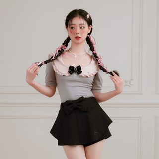 [KYOUKO]  Claudine Top Female 2023 New Short Sleeve Slim Fit ชุดน่ารัก เสื้อบัลเลต์ กระโปรงดำ โบว์ ริบบอน