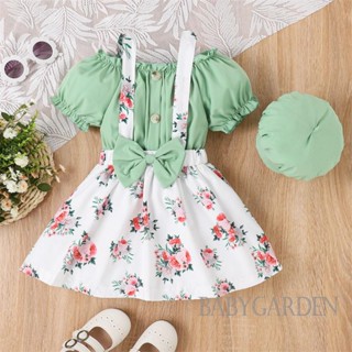 Babygarden-4-7 ปี ชุดเสื้อแขนสั้น สีเขียว และกระโปรงลายดอกไม้ และหมวก แฟชั่นฤดูร้อน สําหรับเด็กผู้หญิง 3 ชิ้น