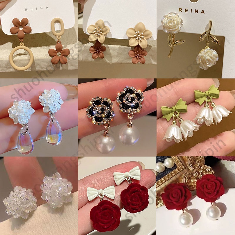 15 บาท ต่างหูแฟชั่น รูปหยดน้ํา ดอกไม้ ประดับมุก พลอยเทียม Fashion Accessories