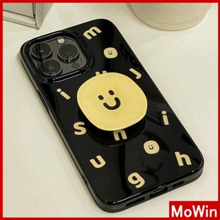 Mowin - เข้ากันได้สำหรับ เคสไอโฟน เคสไอโฟน11 เคส iphone 11 สำหรับ iPhone 14 Pro Max เคส iPhone กริ๊ปยืนหน้ายิ้มที่วางพับได้สีดำเงา TPU เคสอ่อนตัวอักษรสีเหลืองเข้ากันได้กับ iPhone 13 Pro max 12 Pro Max 11 xr xs max 7Plus 8Plus