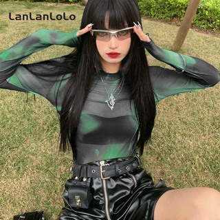 Lanlanlolo เสื้อคอกลม แขนยาว ผ้าตาข่าย พิมพ์ลายไล่โทนสี สําหรับผู้หญิง 2023