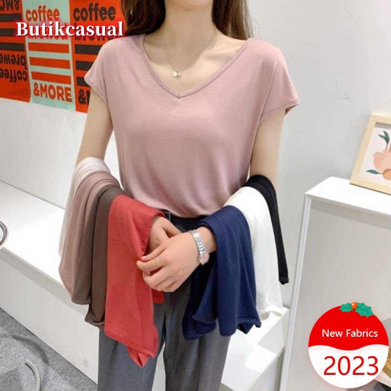 เสื้อยืดแขนสั้นลําลอง คอวี ผ้าฝ้าย ทรงหลวม สําหรับผู้หญิง 40-78 กก. 2024