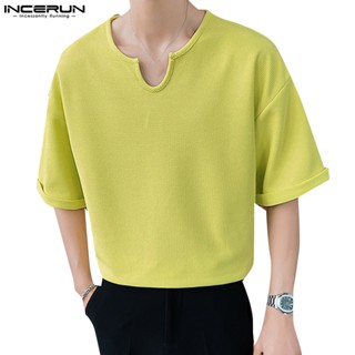 Incerun เสื้อยืดแขนสั้น คอวี ลายวาฟเฟิล สําหรับผู้ชาย