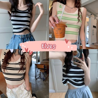 Elves✨พร้อมส่ง✨ เสื้อกล้ามไหมพรม คอกลม ดีเทลลายทางสีพื้นๆ ~M3021~