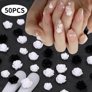 ดอกคามิเลียเรซิ่น 3D 6 8 มม. สีดํา สีขาว สําหรับตกแต่งเล็บ DIY 50 ชิ้น