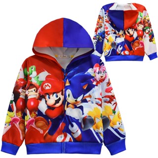 เสื้อกันหนาว มีฮู้ด พิมพ์ลายการ์ตูน Super Mario Sonic 3 มิติ สําหรับเด็ก