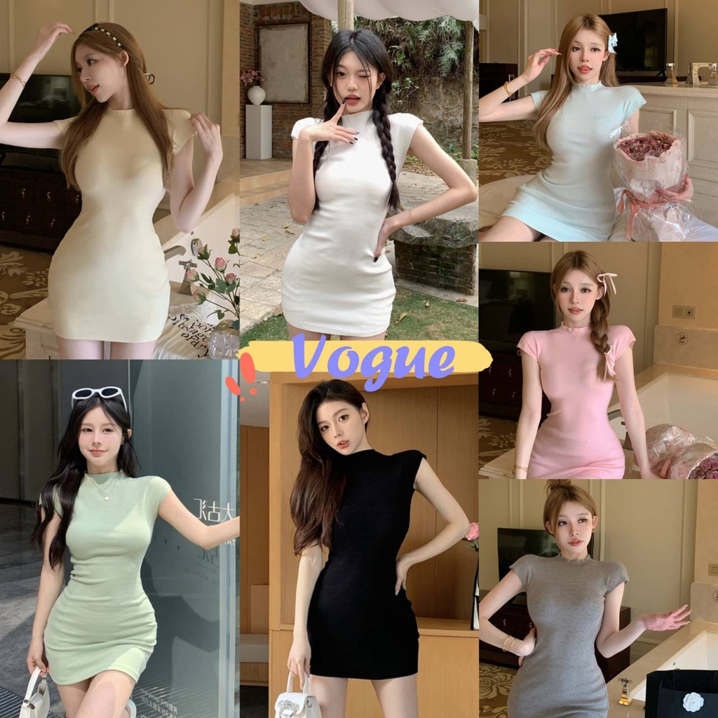 Vogue พร้อมส่ง ชุดเดรสไหมพรม ทรงรัดรูปรัดสัดส่วนเก๋มากแม่ (7672) -C