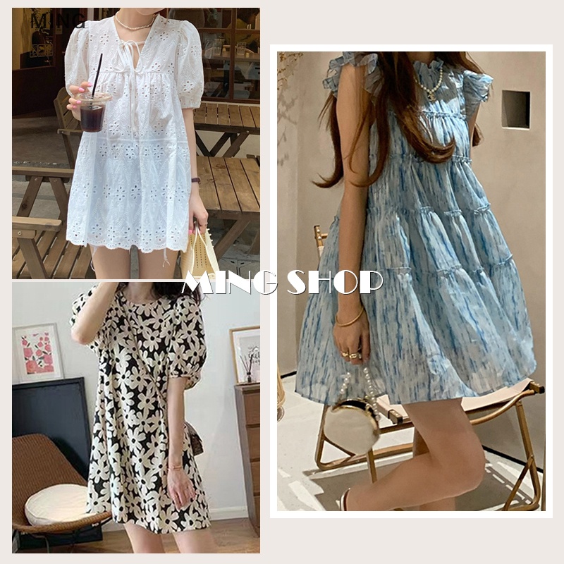 Jcaap ชุดมินิ 2023 แฟชั่นผู้หญิงวินเทจสั้นพัฟแขน Floarl พิมพ์มินิเดรสชายหาด Vestidos ขนาดใหญ่ Robe TH