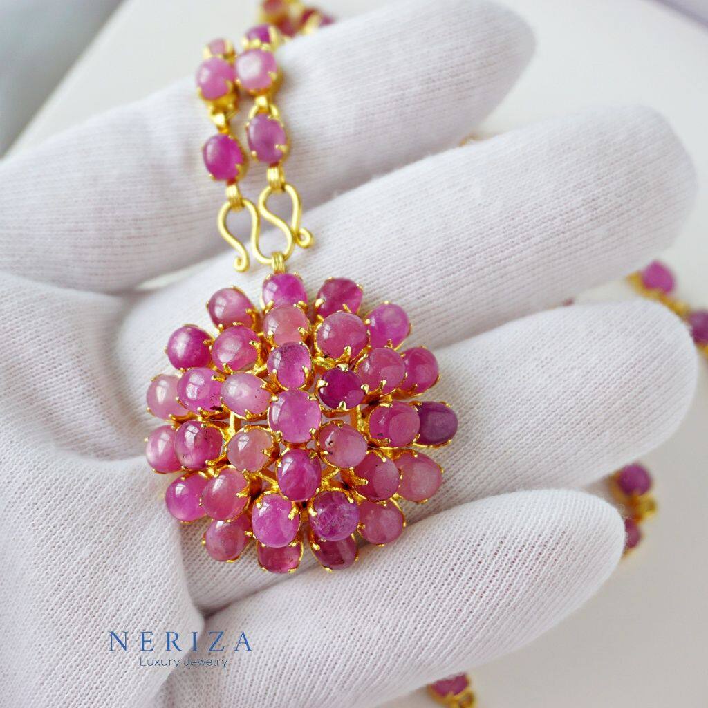 Neriza Jewelry/ สร้อยคอจี้ พลอยทับทิมสตาร์แท้ ตัวเรือนทองเหลือง ความยาว26.5นิ้ว ส่งพร้อมกล่อง เครื่องประดับชุดไทย NNR001