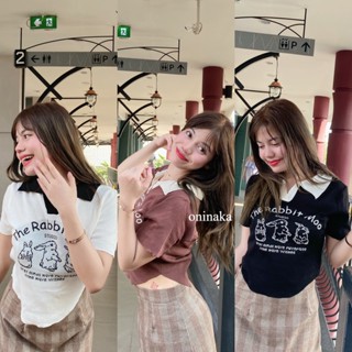 ONINAKA เสื้อครอปคอปก เสื้อยืดผู้หญิง แขนสั้น M1917#