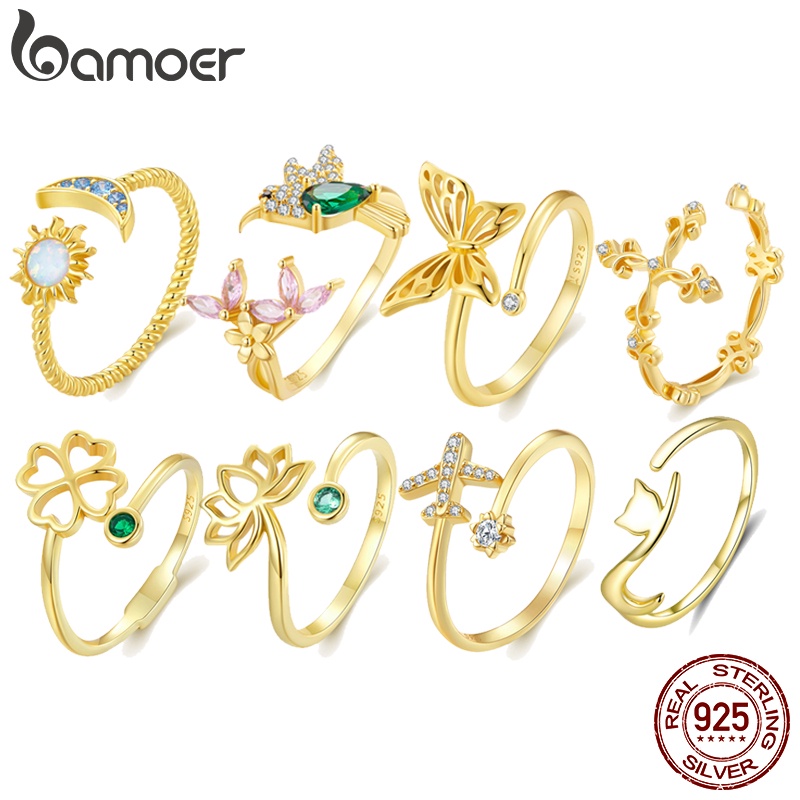 Bamoer 925 แหวนเงินเปิดแฟชั่นชุบทอง Jewellery สําหรับผู้หญิงสาว SCR843