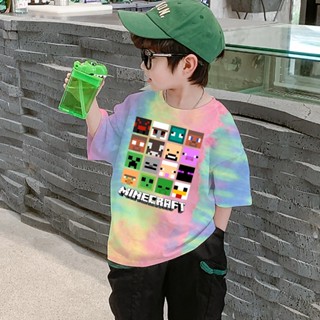 เสื้อยืดแขนสั้นลําลอง คอกลม พิมพ์ลายการ์ตูน Minecraft สีมัดย้อม แฟชั่นสําหรับเด็กผู้ชาย