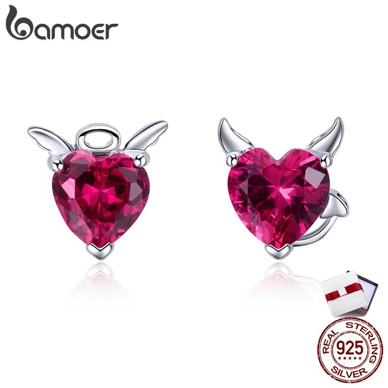 Bamoer ต่างหูสตั๊ดคู่รักพลอยแองเจิลและปีศาจประณีต