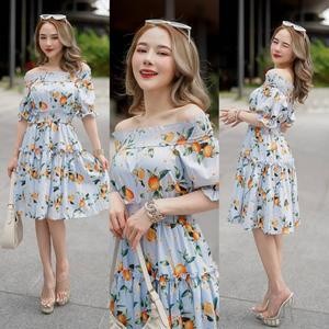 ชุดเดรสปาดไหล่ ลายผลส้ม ทรงเข้ารูปผ้าใส่สบาย ชุดใส่ทำงานใส่เที่ยว (S-4XL) #D024