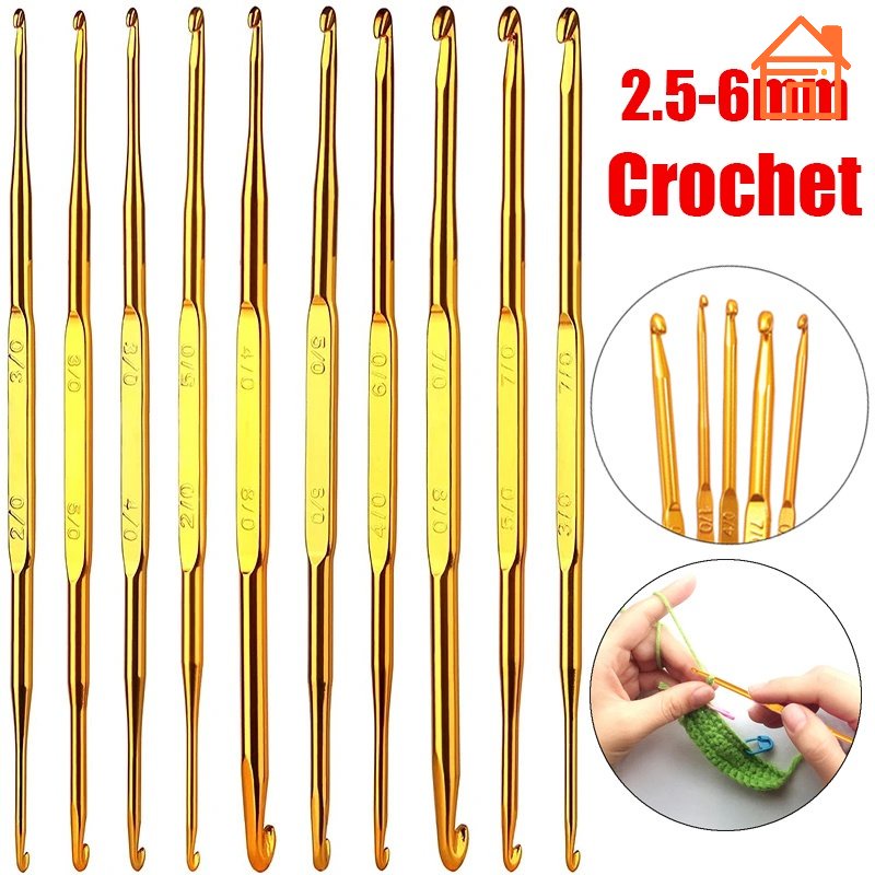เข็มถักโครเชต์ อลูมิเนียม ปลายคู่ ขนาด 2.5-6 มม. สีทอง สําหรับใช้ในครัวเรือน