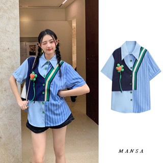 MANSA Blue Striped Patch Shirt ลายดอก เชิ้ตแขนสั้น เสื้อโอเวอร์ไซส์