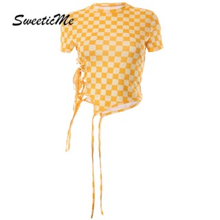 Sweeticme ใหม่ เสื้อยืดลําลอง แขนสั้น คอกลม ลายสก๊อต เซ็กซี่ แฟชั่นสําหรับสตรี 2023