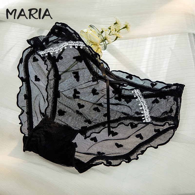 Maria กางเกงในลูกไม้ผู้หญิงน่ารัก ผ้าฝ้าย เอวกลาง ผ้าตาข่าย เซ็กซี่ระบายอากาศได้สะดวกสบาย