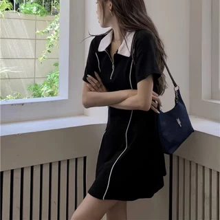 TAYCEN เดรส โปโล เกาหลี ชุดเดรสสั้นเหนือเข่า เดรสแขนสั้น