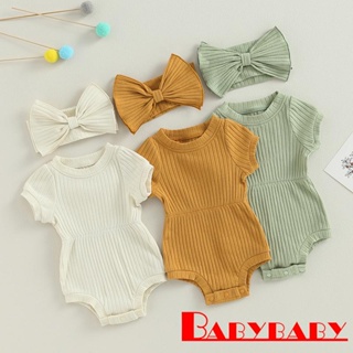 Babybaby- ชุดรอมเปอร์ แขนสั้น สีพื้น พร้อมที่คาดผม โบว์ สําหรับเด็กผู้หญิง