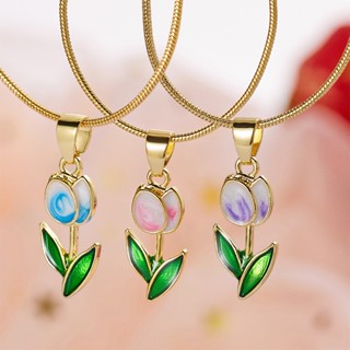 (Box) สร้อยคอโซ่ จี้ดอกทิวลิป 18k ขนาดเล็ก สไตล์เกาหลี ญี่ปุ่น