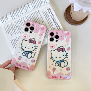 เคสโทรศัพท์มือถือ TPU นิ่ม กันกระแทก ลายแมวคิตตี้ สตรอเบอร์รี่ สําหรับ Apple IPhone 14 13 12 11 Pro MAX 14 Plus X XR XS MAX 7 8 Plus