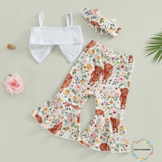 Babyclothes- ชุดเสื้อแขนกุด กางเกงลําลอง ผ้าถัก ประดับโบว์ ลายดอกไม้ สําหรับเด็กผู้หญิง