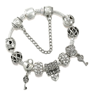 Antique Silver plated Pa Bracelets &amp; Bangles Crystal Heart Charm Beads Bracelet