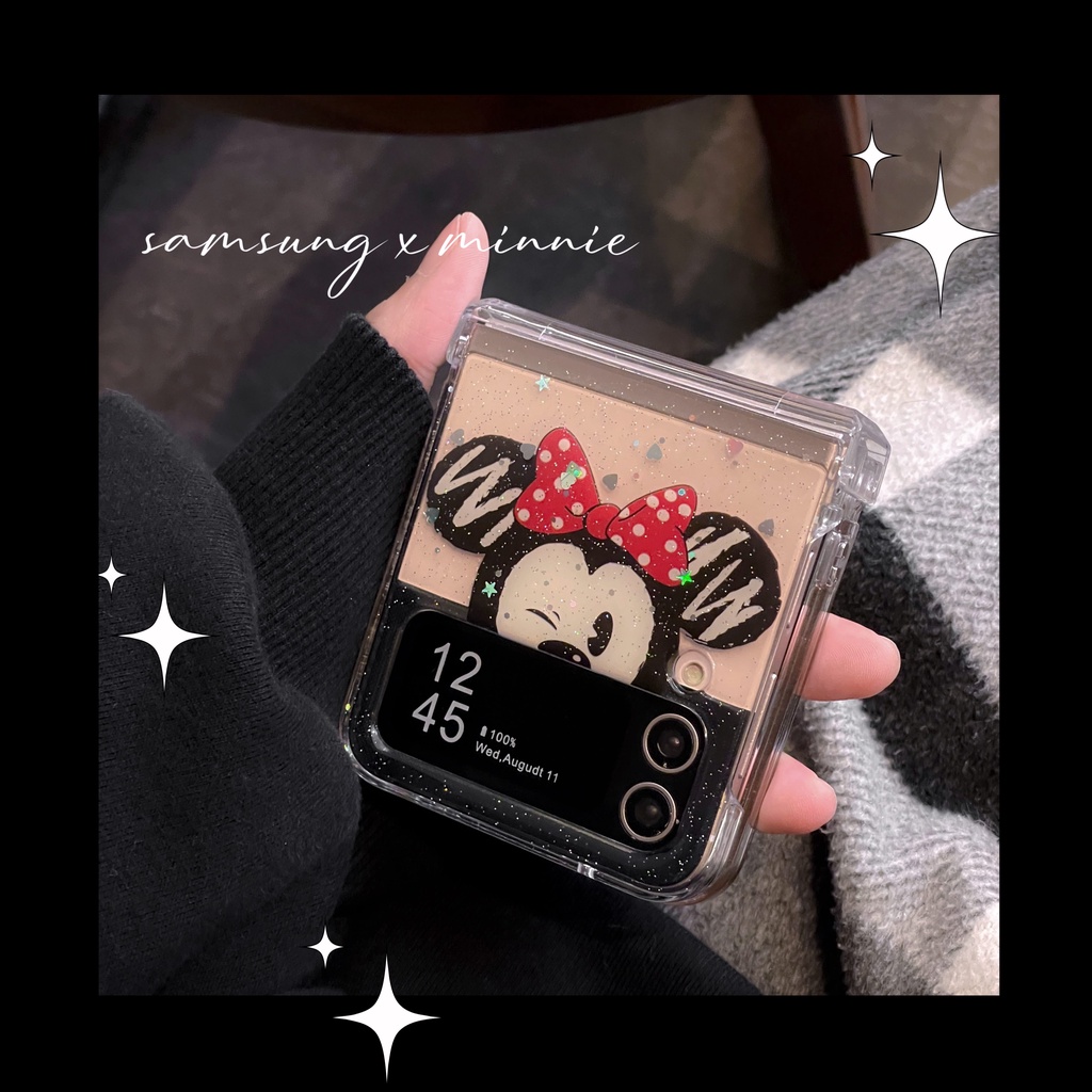 Flip6 Flip5 Samsung Galaxy Z Flip 4 5G 3in1 น่ารักการ์ตูนGlitter powder Mickey Minnieพร้อมโซ่PCกรณีSamsung Galaxy Z Flip 3 hardกันกระแทกโทรศัพท์ความคิดสร้างสรรค์กรณีปก