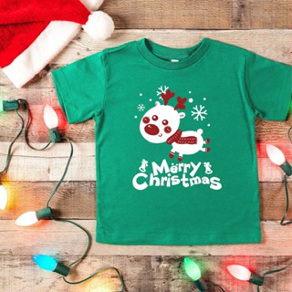 เสื้อยืดลําลอง แขนสั้น พิมพ์ลาย Merry Christmas Kawaii สีเขียว ของขวัญคริสต์มาส สําหรับเด็กผู้ชาย และเด็กผู้หญิง