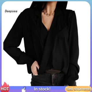 Dpa ผู้หญิง สีพื้น คอวี แขนยาว ห่อไม้กางเขน เสื้อสํานักงาน หลวม