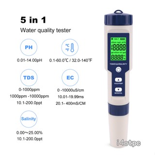 I4otpc 5 In 1 เครื่องทดสอบคุณภาพน้ําดิจิทัล Tds ec ph ความเค็ม เครื่องวัดอุณหภูมิ สําหรับสระว่ายน้ํา ดื่มน้ํา