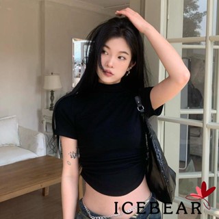 Ice- เสื้อครอปท็อป แขนสั้น คอม็อค สีพื้น ทรงไม่สมมาตร สลิมฟิต สตรีท ฤดูร้อน สําหรับผู้หญิง