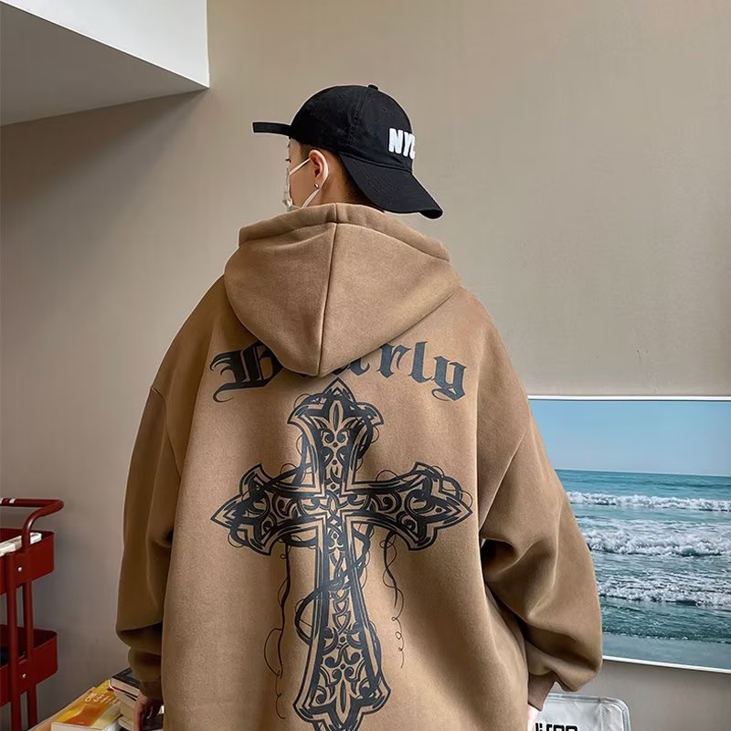 พร้อมส่ง ไซซ์ M-8XL เสื้อกันหนาวแขนยาว มีฮู้ด ผ้ากํามะหยี่ แบบนิ่ม พิมพ์ลายไม้กางเขน ทรงหลวม ขนาดใหญ่ สไตล์อเมริกัน สําหรับผู้ชาย และนักเรียน