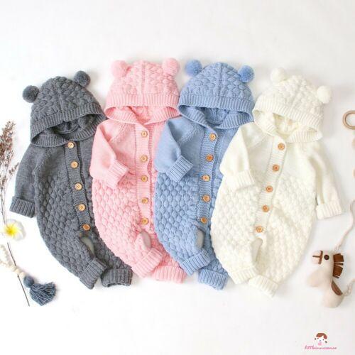 Xxq-ทารกแรกเกิดฤดูหนาวเสื้อกันหนาวหมวก ชุดรอมเปอร์ แขนยาวถักสีทึบปุ่ม ชุดจั๊มสูท