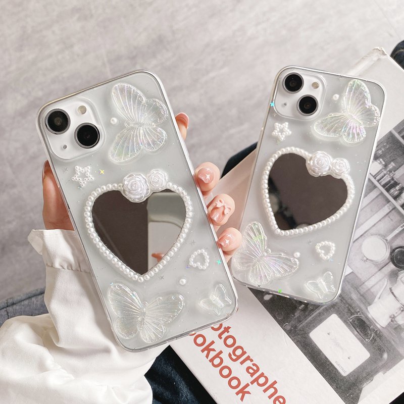 เคสโทรศัพท์มือถือแบบนิ่ม ใส ลายผีเสื้อ ดอกไม้ หัวใจ 3D พร้อมกระจก สําหรับ iPhone 7 8 14 + Plus SE 2020 2022 X XS XR 11 12 13 Pro Max