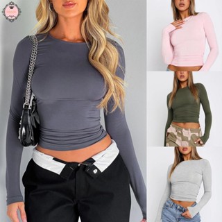 Women Long Sleeve Round Neck Slim Fit Crop Top Bodycon Basic Pullover T Shirt