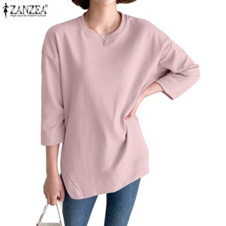 Zanzea เสื้อยืดลําลอง แขนสามส่วน ผ้าถัก ผ่าข้าง สไตล์เกาหลี สําหรับผู้หญิง