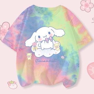 เสื้อยืดคอกลม พิมพ์ลายการ์ตูน Cinnamoroll สีมัดย้อม เหมาะกับของขวัญ สไตล์เจ้าหญิง สําหรับเด็กผู้หญิง